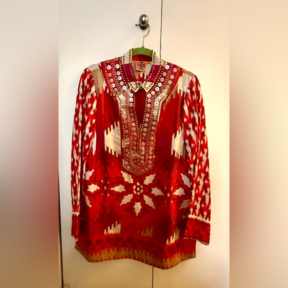 Tory Burch Red and White Graphic Tunic with Bib Collar